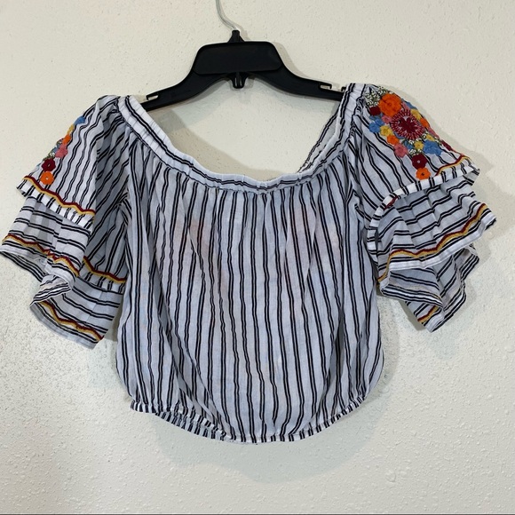 Off the Shoulder Top Embroidered Striped CROP TOP Elastic Waistline - Picture 6 of 12
